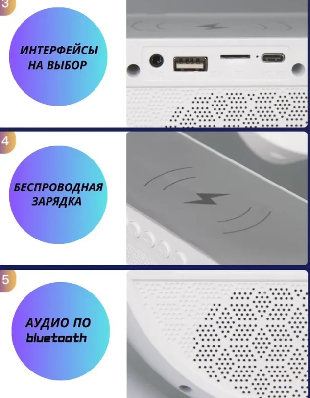 Портативная Bluetooth колонка-ночник LUNA с беспроводной зарядкой для телефона НМ-2301 (LED- подсветка, - фото 5 - id-p213239764