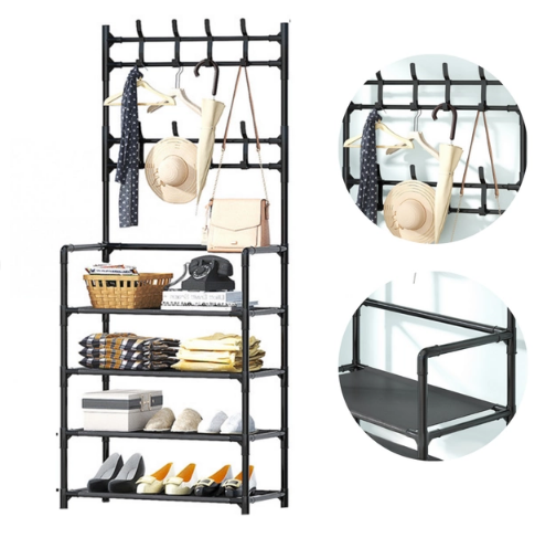 Напольная вешалка для обуви и одежды с полками и крючками New Simple floor Clothes Rack 4 яруса 154х60х29,5 - фото 2 - id-p218247200