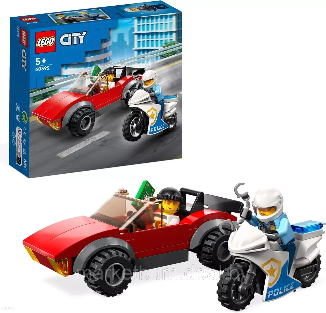 Конструктор LEGO City 60392, Полицейский мотоцикл - погоня за автомобилем - фото 1 - id-p215597097