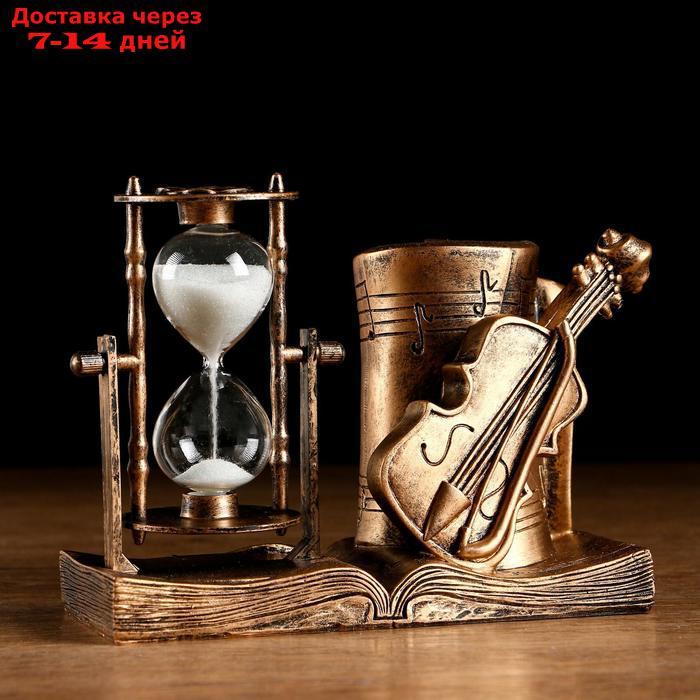 Часы песочные "Скрипка" с карандашницей 17х8х13 см, золотистые - фото 1 - id-p218242366