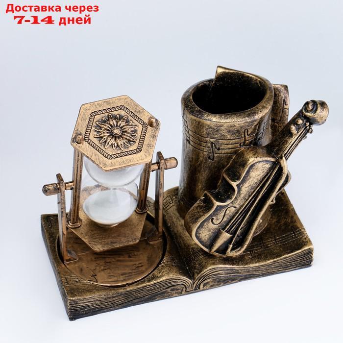 Часы песочные "Скрипка" с карандашницей 17х8х13 см, золотистые - фото 4 - id-p218242366