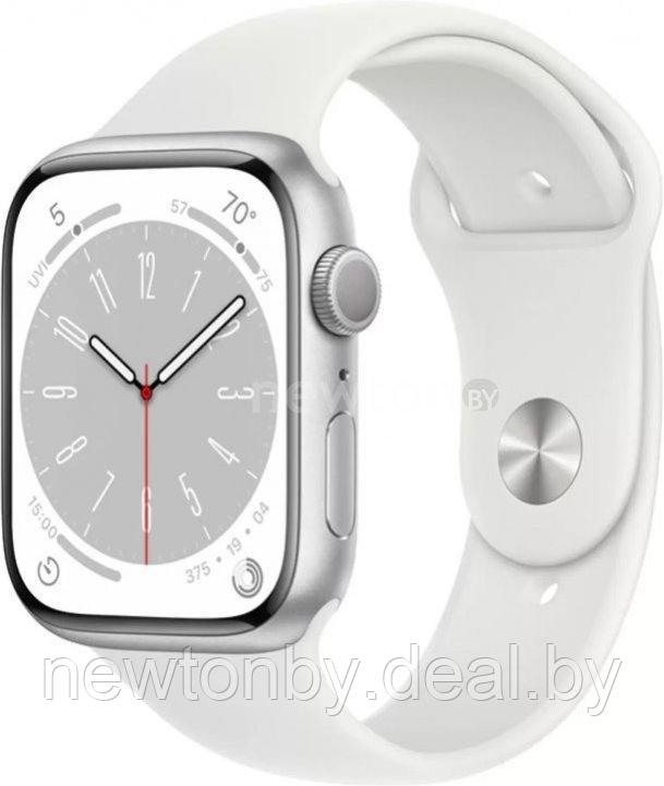 Умные часы Apple Watch Series 8 45 мм (алюминиевый корпус, серебристый/белый, спортивные силиконовые ремешки - фото 1 - id-p196977837