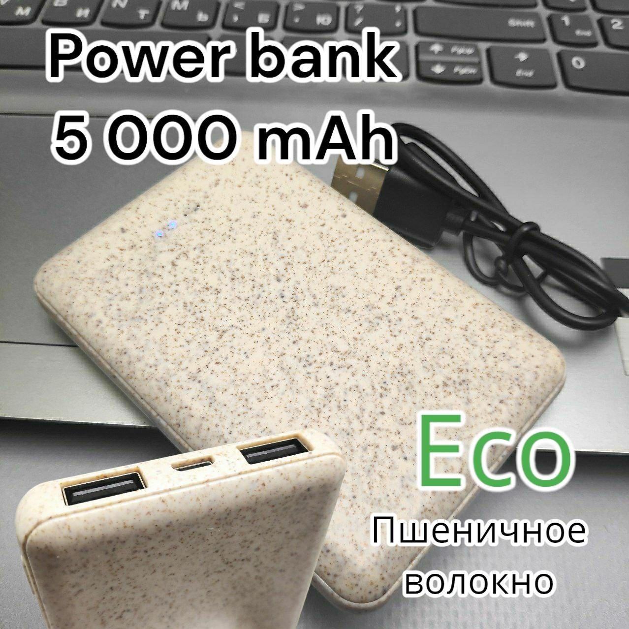 Портативное зарядное устройство Power Bank 5000 mAh из пшеничного волокна / Micro-USB, 2 USB-выхода - фото 1 - id-p218294536