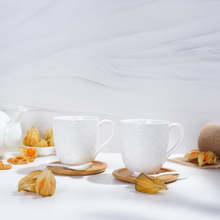 Набор керамический чайный BellaTenero, 6 предметов: 2 чашки 350 мл, 2 деревянных блюдца, 2 ложки, цвет белый - фото 5 - id-p218300990