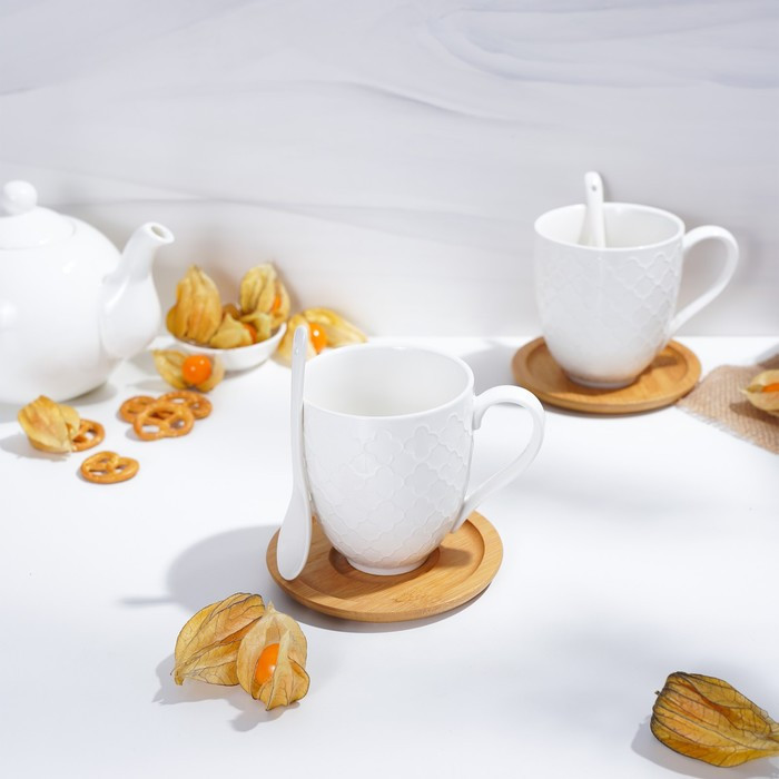 Набор керамический чайный BellaTenero, 6 предметов: 2 чашки 350 мл, 2 деревянных блюдца, 2 ложки, цвет белый - фото 6 - id-p218300990