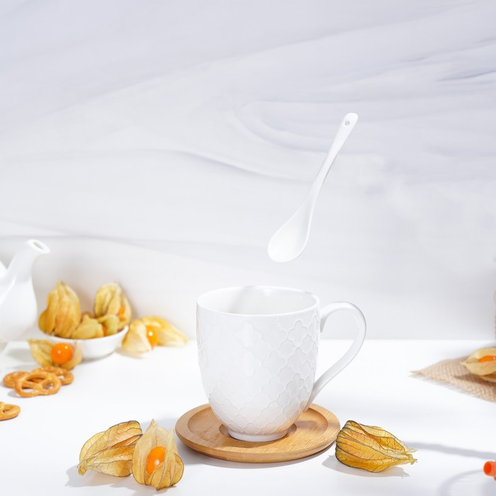 Набор керамический чайный BellaTenero, 6 предметов: 2 чашки 350 мл, 2 деревянных блюдца, 2 ложки, цвет белый - фото 7 - id-p218300990