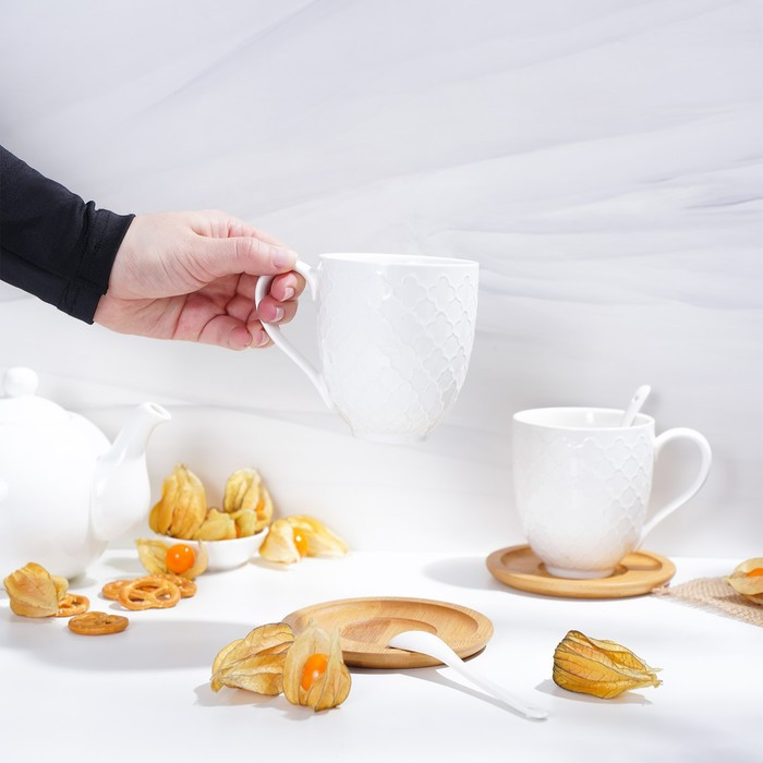 Набор керамический чайный BellaTenero, 6 предметов: 2 чашки 350 мл, 2 деревянных блюдца, 2 ложки, цвет белый - фото 9 - id-p218300990