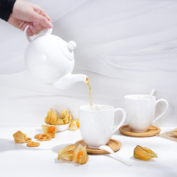Набор керамический чайный BellaTenero, 6 предметов: 2 чашки 350 мл, 2 деревянных блюдца, 2 ложки, цвет белый - фото 10 - id-p218300990