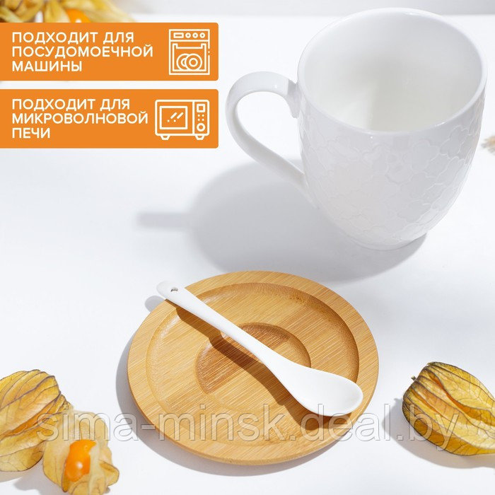 Набор керамический чайный Доляна «Эстет», 6 предметов: 2 чашки 350 мл, 2 деревянных блюдца, 2 ложки, цвет - фото 4 - id-p218320675