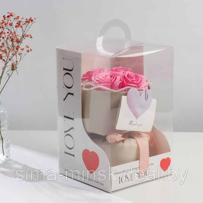 Букет из мыльных лепестков "Розовые розы и ромашка" 17х17х27 см - фото 1 - id-p218321027