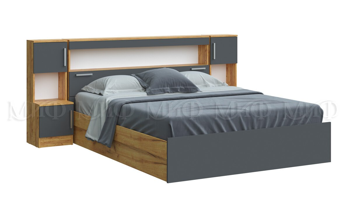 Кровать Бася 1,6м с надстройкой - Дуб крафт / Графит (МИФ) - фото 1 - id-p218325708