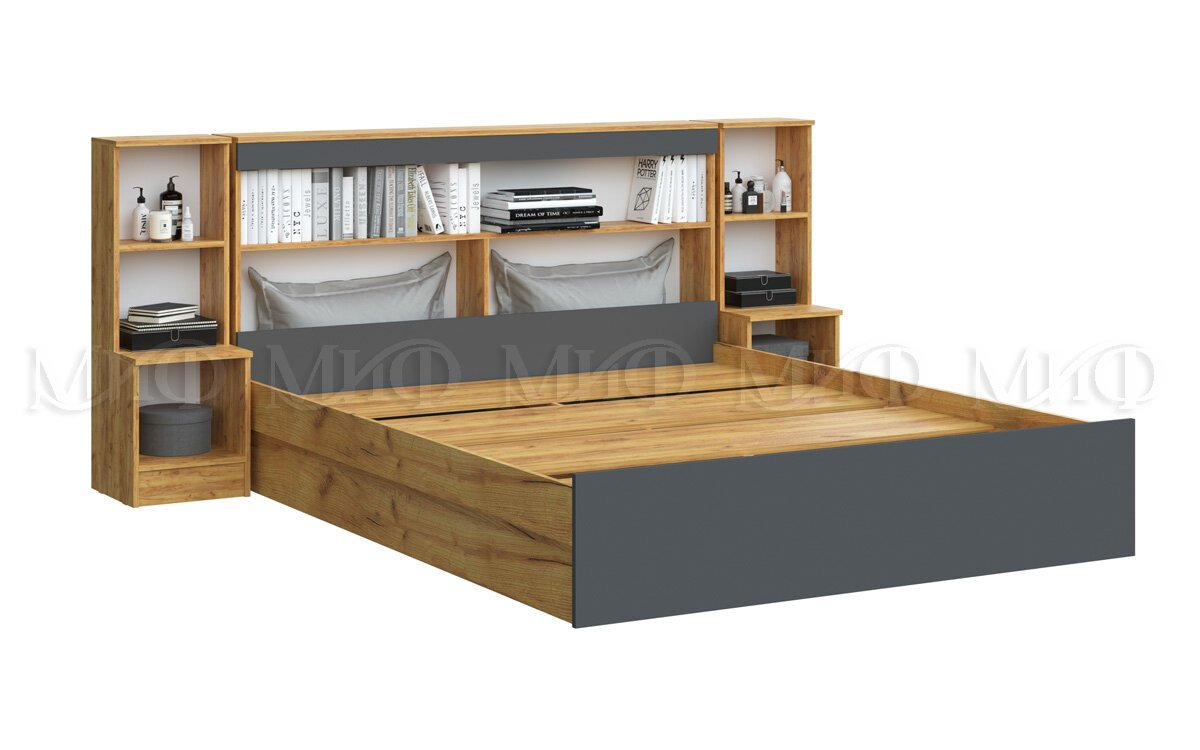 Кровать Бася 1,6м с надстройкой - Дуб крафт / Графит (МИФ) - фото 2 - id-p218325708