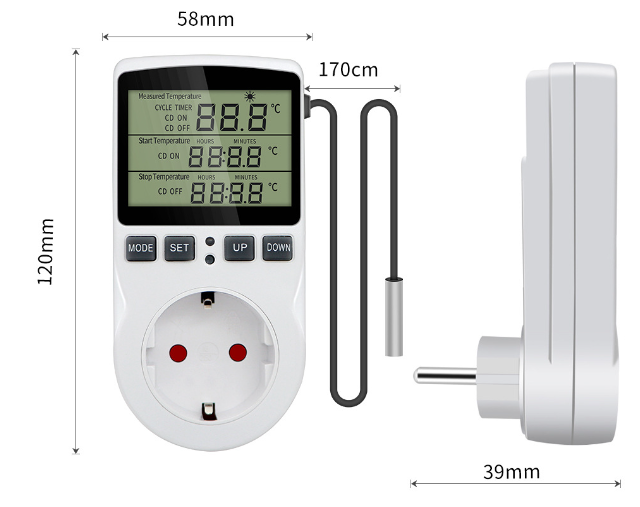 Терморегулятор WH58 в розетку, с выносным датчиком, таймер, ЖК дисплей