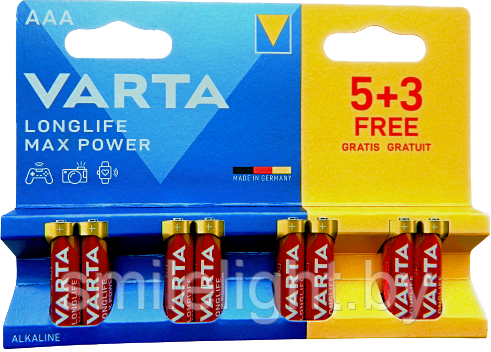 Элемент питания VARTA Longlife Max Power AAA/LR03 Alkaline 1,5V Bl.8 (5+3) - фото 1 - id-p218087380