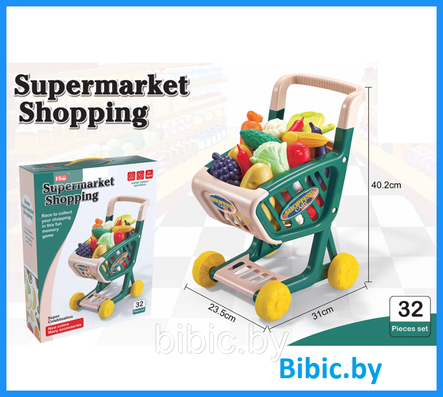 Детский набор овощей и фруктов в тележке Supermarket Shopping 32 предмета, игрушечная еда для игры детей