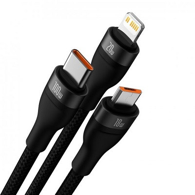 Кабель Baseus Flash Series Two-for-three Charging Cable U+C to M+L+C 100W 1.2m CASS030101 черный - фото 2 - id-p218431075