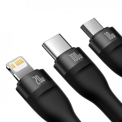 Кабель Baseus Flash Series Two-for-three Charging Cable U+C to M+L+C 100W 1.2m CASS030101 черный - фото 3 - id-p218431075