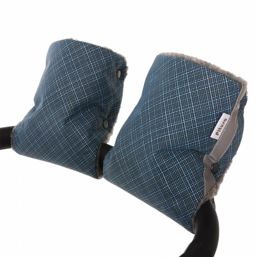 PITUSO Муфта-варежки на коляску шерстяной мех (серый) + плащевка Синий бамбук Р066 - фото 1 - id-p218452527