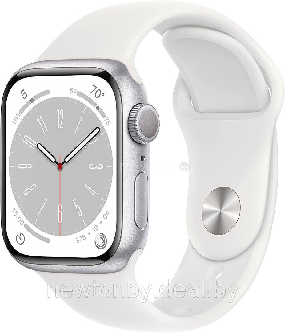 Умные часы Apple Watch Series 8 41 мм (алюминиевый корпус, серебристый/белый, спортивный силиконовый ремешок - фото 1 - id-p206918340