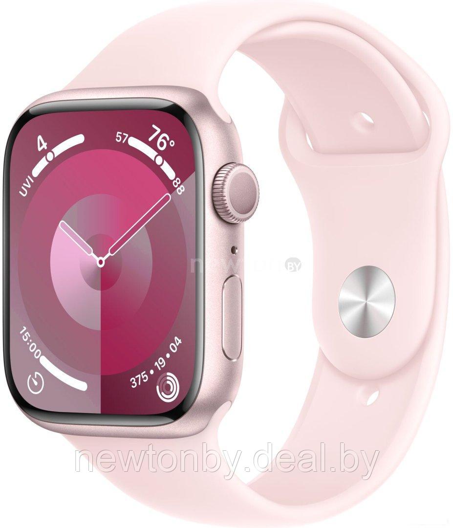 Умные часы Apple Watch Series 9 45 мм (алюминиевый корпус, розовый/розовый, спортивный силиконовый ремешок - фото 1 - id-p218518258