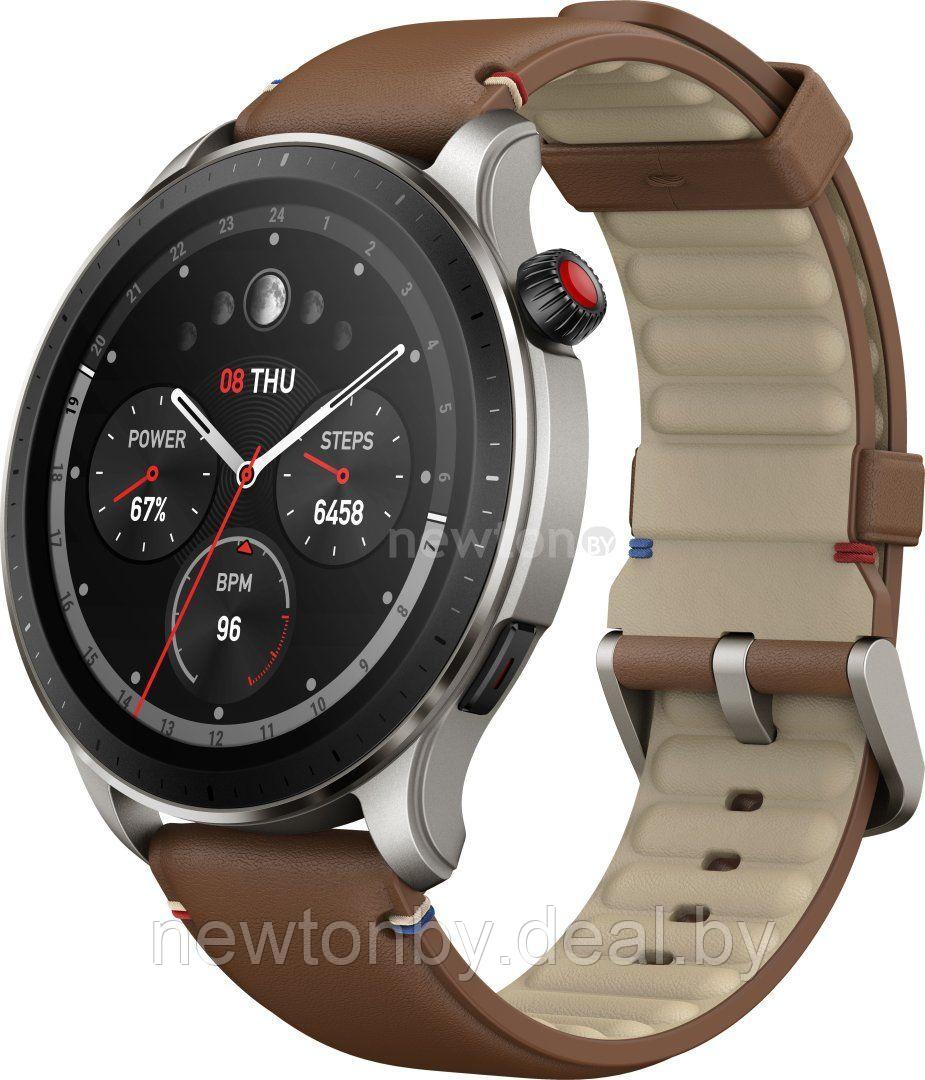 Умные часы Amazfit GTR 4 (серебристый, с коричневым кожаным ремешком) - фото 1 - id-p218518422