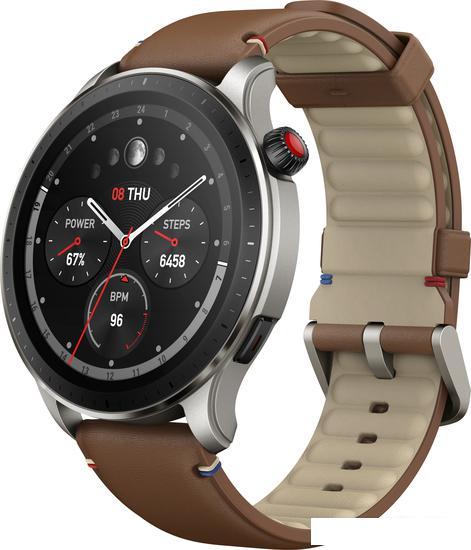 Умные часы Amazfit GTR 4 (серебристый, с коричневым кожаным ремешком) - фото 1 - id-p218397772