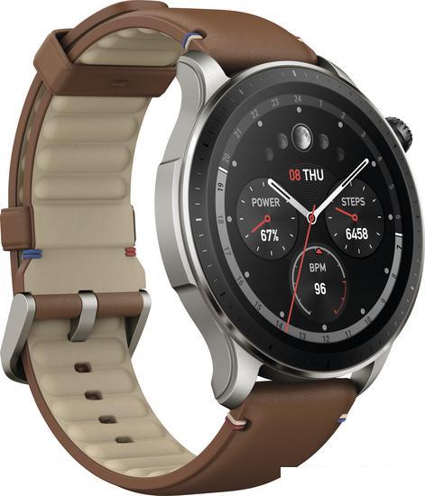 Умные часы Amazfit GTR 4 (серебристый, с коричневым кожаным ремешком) - фото 4 - id-p218397772