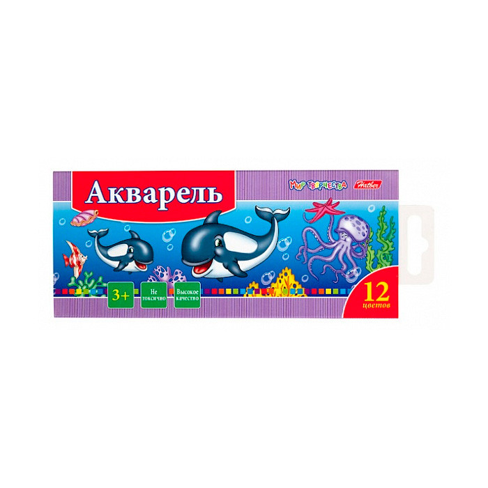 Краски Акварель медовые полусухие Hatber Дельфины, 12 цветов (без кисти) в картонном пенале
