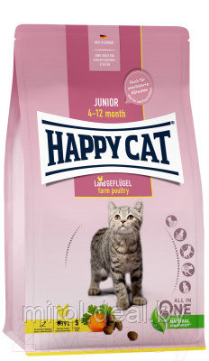 Сухой корм для кошек Happy Cat Junior 4-12 Month Land Geflugel птица, без злаков / 70539 - фото 1 - id-p218592466