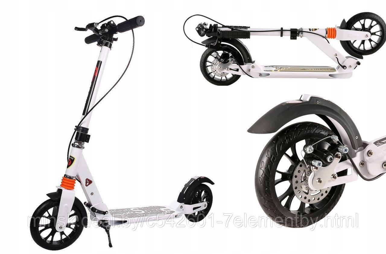 Самокат двухколесный Urban Scooter 116D с дисковым тормозом и 2 амортизаторами Белый - фото 1 - id-p218601795