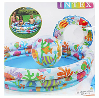 Детский надувной бассейн с мячом и кругом круглый,интекс intex 59469N плавательный для купания плавания детей