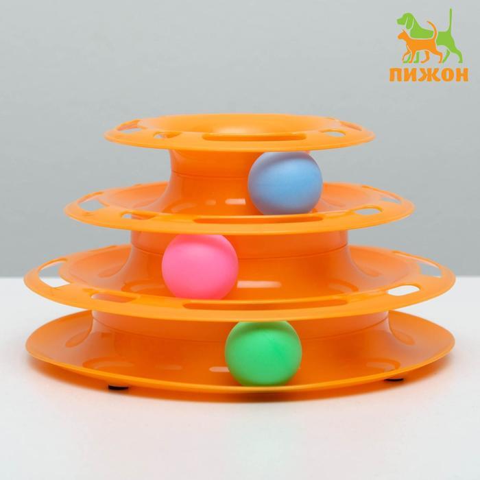 Игровой комплекс "Пижон" для кошек с 3 шариками, 24,5 х 24,5 х 13 см, оранжевый - фото 1 - id-p218613212