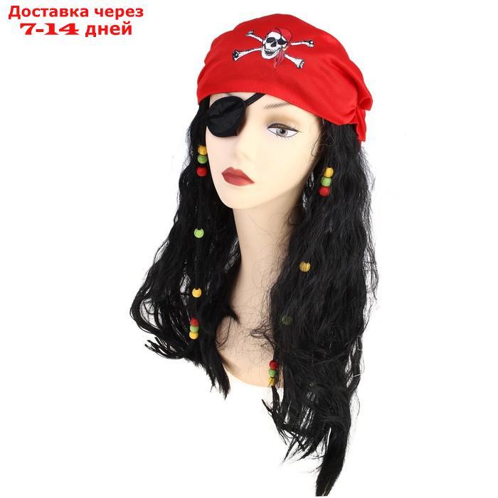 Карнавальный парик "Пиратка в бандане", с косичками, 120 г, цвет чёрный - фото 2 - id-p218619255