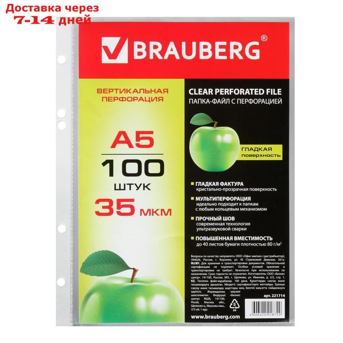 Папка-вкладыш А5 с перфорацией Brauberg "Яблоко", 35 мкм, 100 штук в упаковке, гладкие - фото 1 - id-p218619694