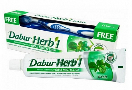 Зубная паста травяная Дабур Базилик Dabur Basil без фтора со щеткой в комплекте, 150 гр - фото 1 - id-p218680008