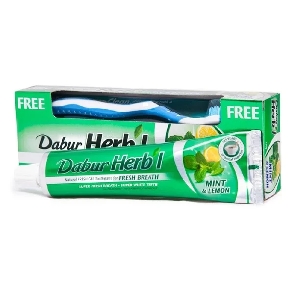 Зубная паста гелевая Дабур Мята и Лимон Dabur Basil без фтора со щеткой в комплекте, 150 гр
