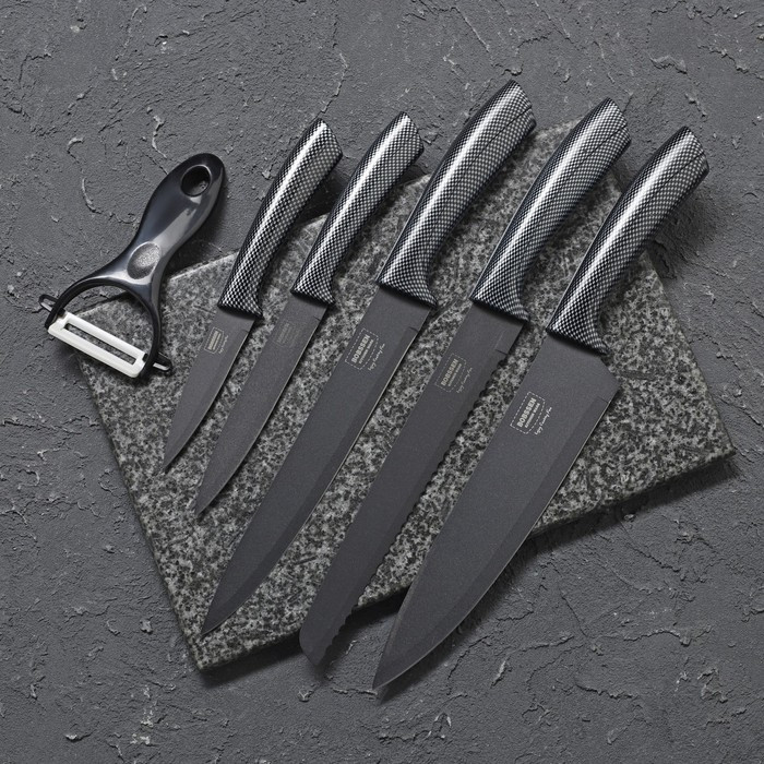 Набор кухонных ножей «Гипноз», 6 предметов, цвет чёрный - фото 2 - id-p218715747