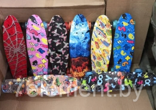 Детский скейт с ручкой и рисунком принтом, пенни борд Penny board скейтборд для мальчиков и девочек принт - фото 1 - id-p218602785