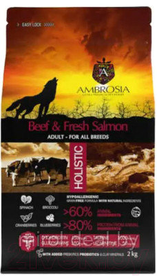 Сухой корм для собак Ambrosia Grain Free для всех пород говядина, лосось / U/ABS2 - фото 1 - id-p218797506