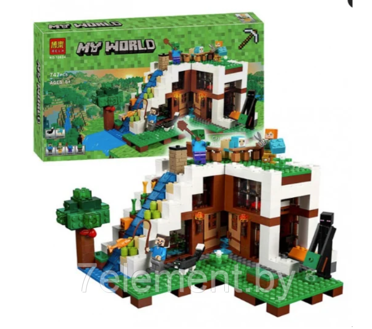 Детский конструктор Minecraft Майнкрафт Башня на водопаде 10624 серия my world блочный аналог лего lego - фото 1 - id-p218602387