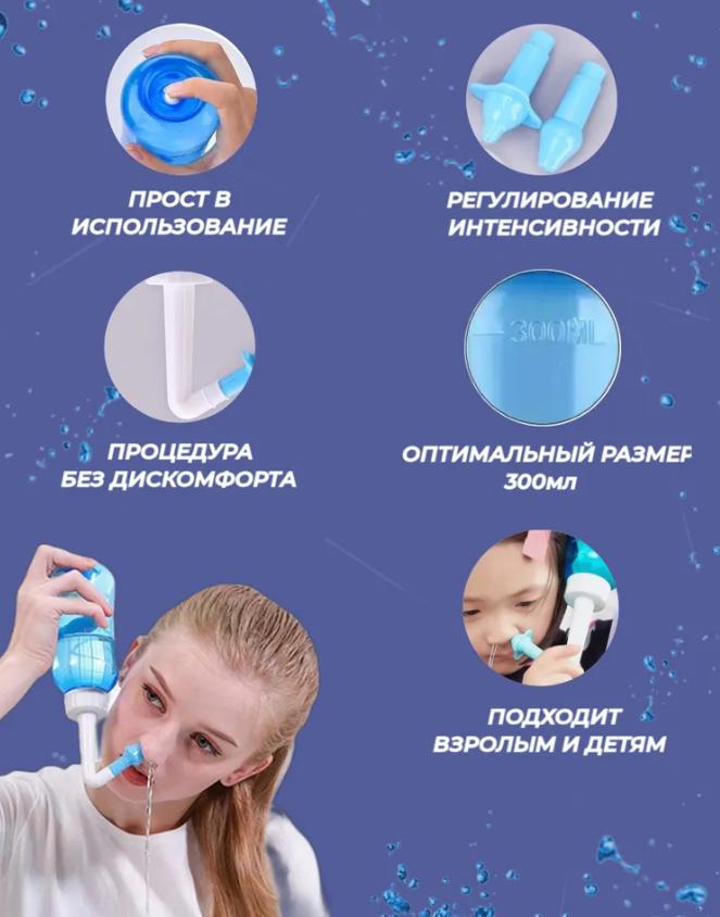 Ирригатор для носа Waterpulse nasal 300 мл / портативный с насадкой для детей и взрослых / промыватель носа - фото 7 - id-p218802934