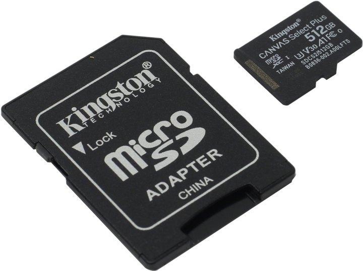 Карта Памяти micro SDXC 512Gb Kingston Canvas Select Plus UHS-I U3 V30 A1 + ADP (100/85 Mb/s) - фото 1 - id-p207114001