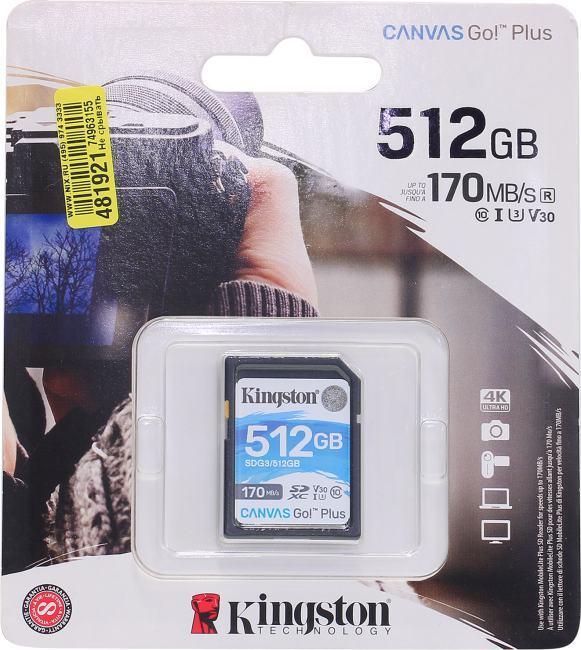 Карта Памяти 512Gb Kingston Canvas Go Plus SDXC UHS-I U3 V30 (170/90 Mb/s) - фото 1 - id-p203910125