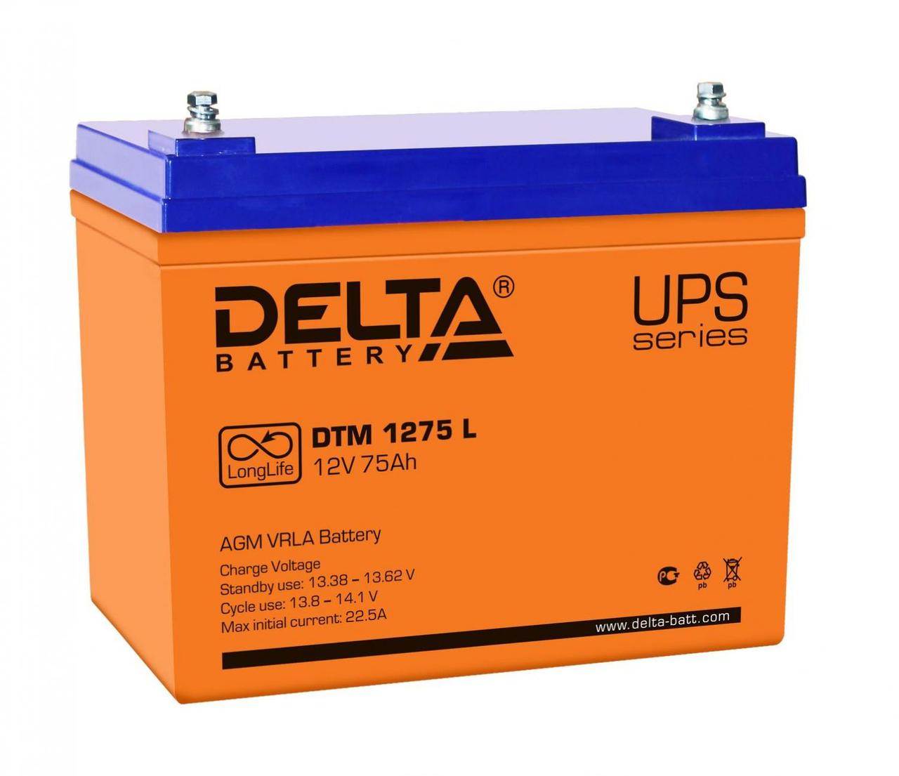 Аккумулятор для ИБП 12В/75Ач Delta DTM 1275 L срок службы 12 лет - фото 1 - id-p212720329