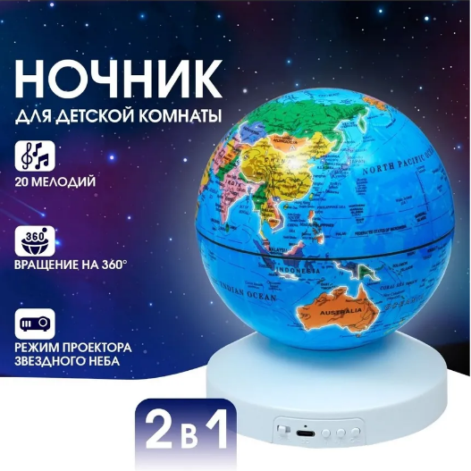 Ночник-проектор звездного неба Глобус Globe Projection , детский светильник ( 20 мелодий, 12 сменных картинок) - фото 3 - id-p218899406