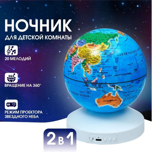Ночник-проектор звездного неба Глобус Globe Projection , детский светильник ( 20 мелодий, 12 сменных картинок) - фото 3 - id-p218914320