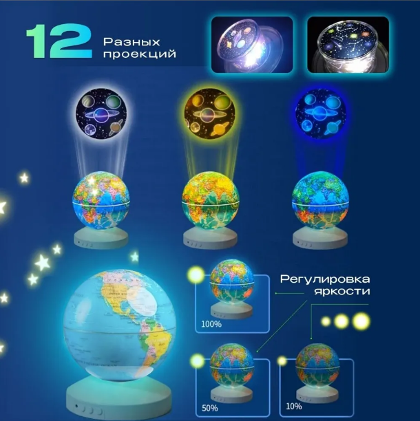 Ночник-проектор звездного неба Глобус Globe Projection , детский светильник ( 20 мелодий, 12 сменных картинок) - фото 4 - id-p218914320