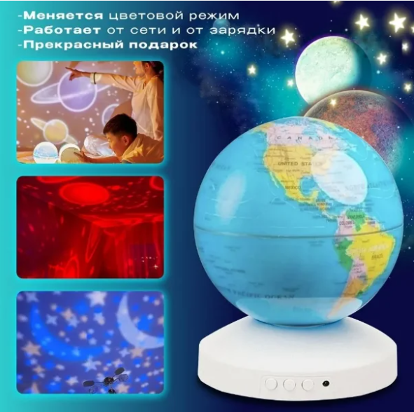 Ночник-проектор звездного неба Глобус Globe Projection , детский светильник ( 20 мелодий, 12 сменных картинок) - фото 5 - id-p218952744