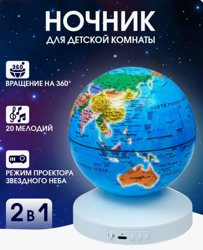 Ночник-проектор звездного неба Глобус Globe Projection , детский светильник ( 20 мелодий, 12 сменных картинок) - фото 8 - id-p218952744