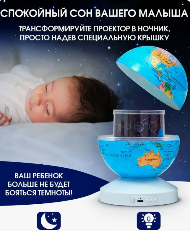 Ночник-проектор звездного неба Глобус Globe Projection , детский светильник ( 20 мелодий, 12 сменных картинок) - фото 9 - id-p218952744